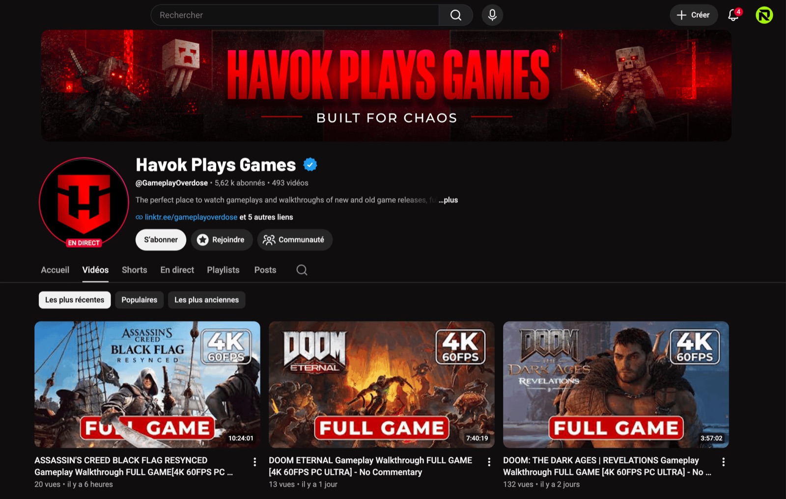 After: the same gaming channel with a custom logo, a clear branded banner and consistent thumbnails