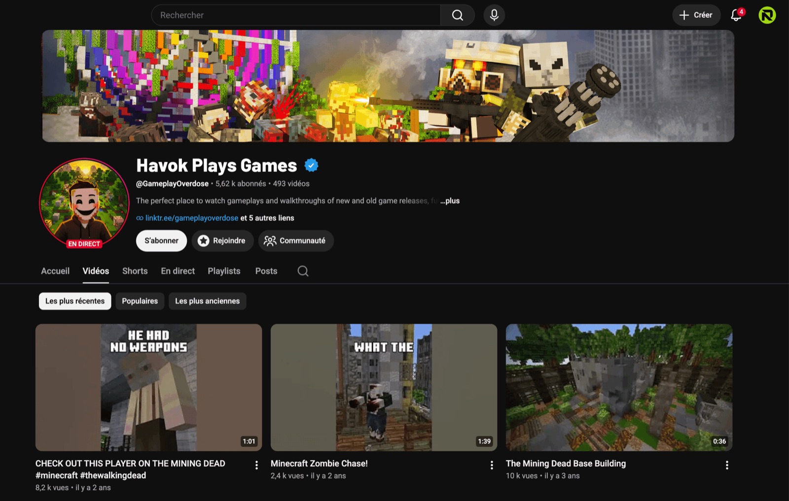 Before: a gaming channel with a collage banner, generic avatar and inconsistent thumbnails