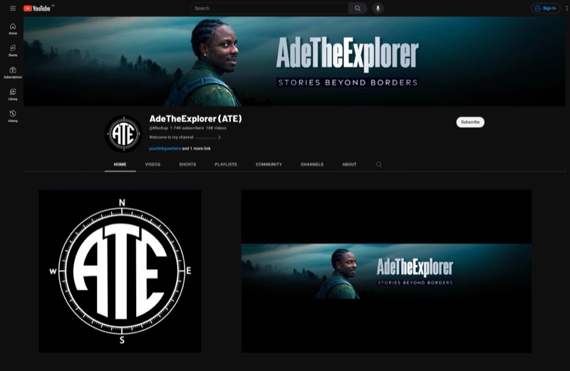 AdeTheExplorer travel channel branding with a compass monogram logo and cinematic banner