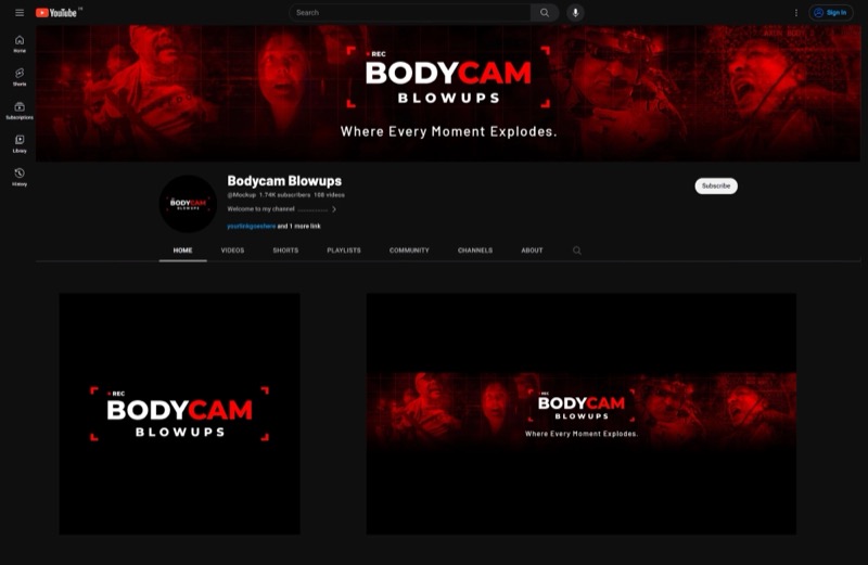 Bodycam Blowups channel branding with a viewfinder wordmark logo and red banner