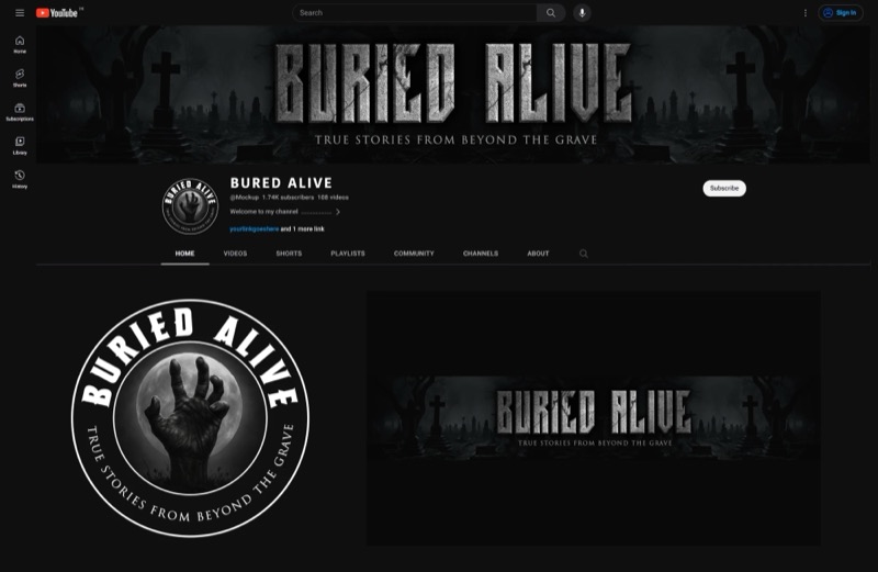 Buried Alive true stories channel branding with a circular emblem logo and graveyard banner