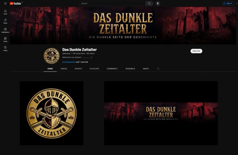 Das Dunkle Zeitalter history channel branding with a knight emblem logo and gothic castle banner