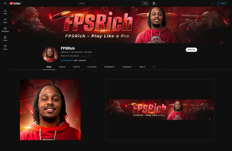 FPSRich gaming channel branding with a portrait avatar and red action banner