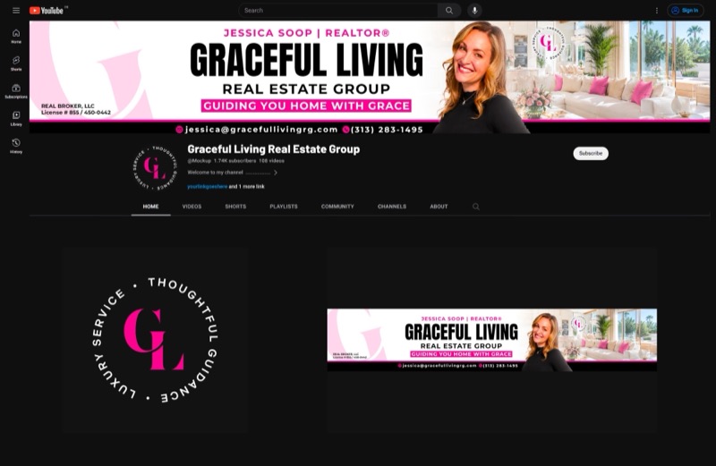 Graceful Living Real Estate Group channel branding with a circular monogram logo and elegant pink banner