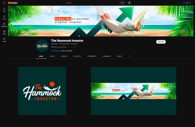 The Hammock Investor finance channel branding with a script logo, tropical hammock banner and profile picture