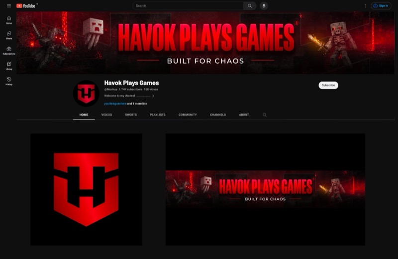 Havok Plays Games YouTube channel with a custom red shield logo, banner and profile picture