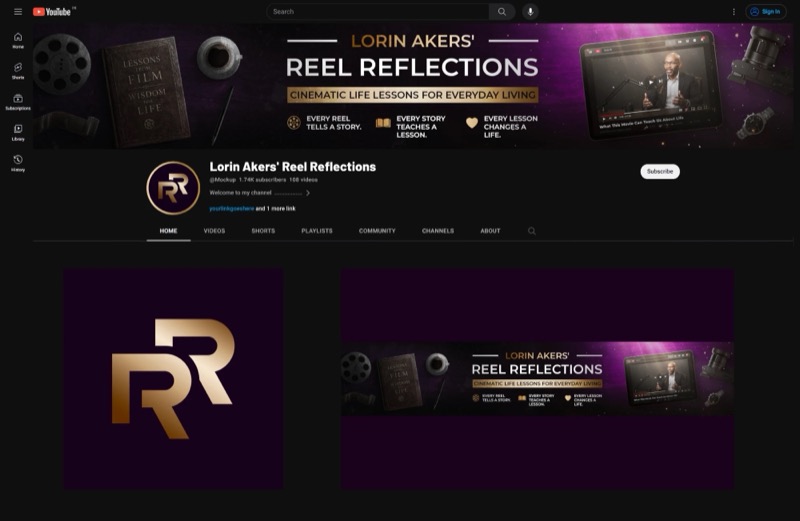 Lorin Akers' Reel Reflections channel branding with a gold monogram logo and cinematic banner