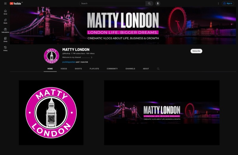 Matty London vlog channel branding with a Big Ben badge logo and cinematic London banner