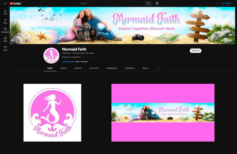 Mermaid Faith travel channel branding with a mermaid emblem logo and a beach banner with road trip signposts
