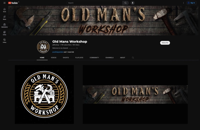 Old Man's Workshop DIY channel branding with a circular workshop badge logo and rustic wood banner
