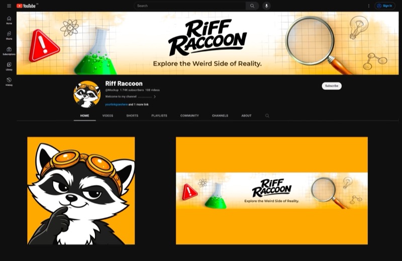 Riff Raccoon science channel branding with a raccoon mascot logo, illustrated banner and profile picture