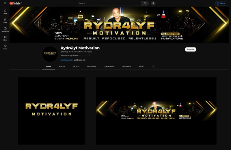 Rydr4lyf Motivation channel branding with a gold wordmark logo and city skyline banner